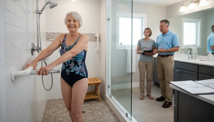 Expert demonstrating walk-in shower safety features