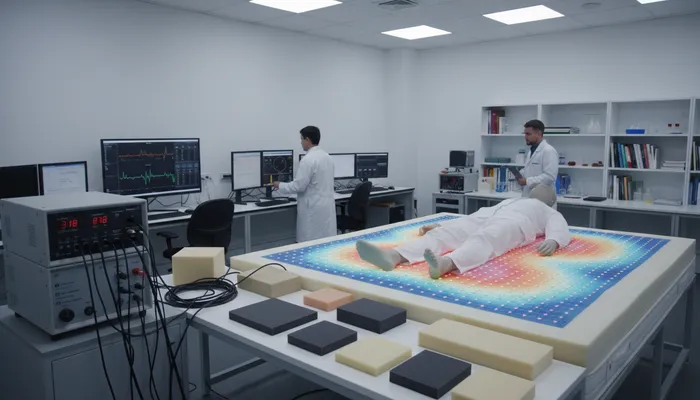 Expert team testing memory foam mattresses with advanced equipment
