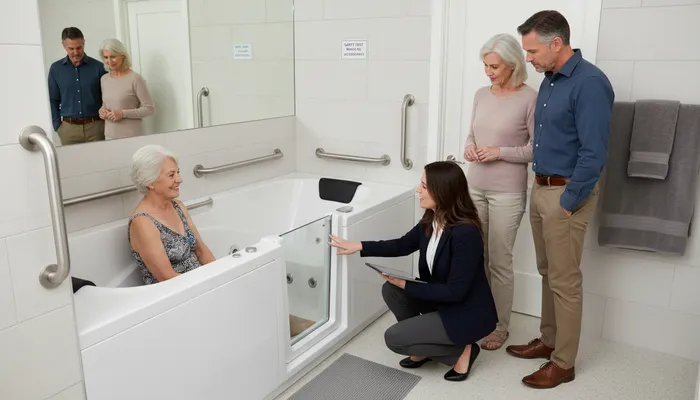 Expert demonstrating walk-in tub safety features